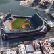 A screenshot of the photorealistic aerial view of Oracle Park in San Francisco.